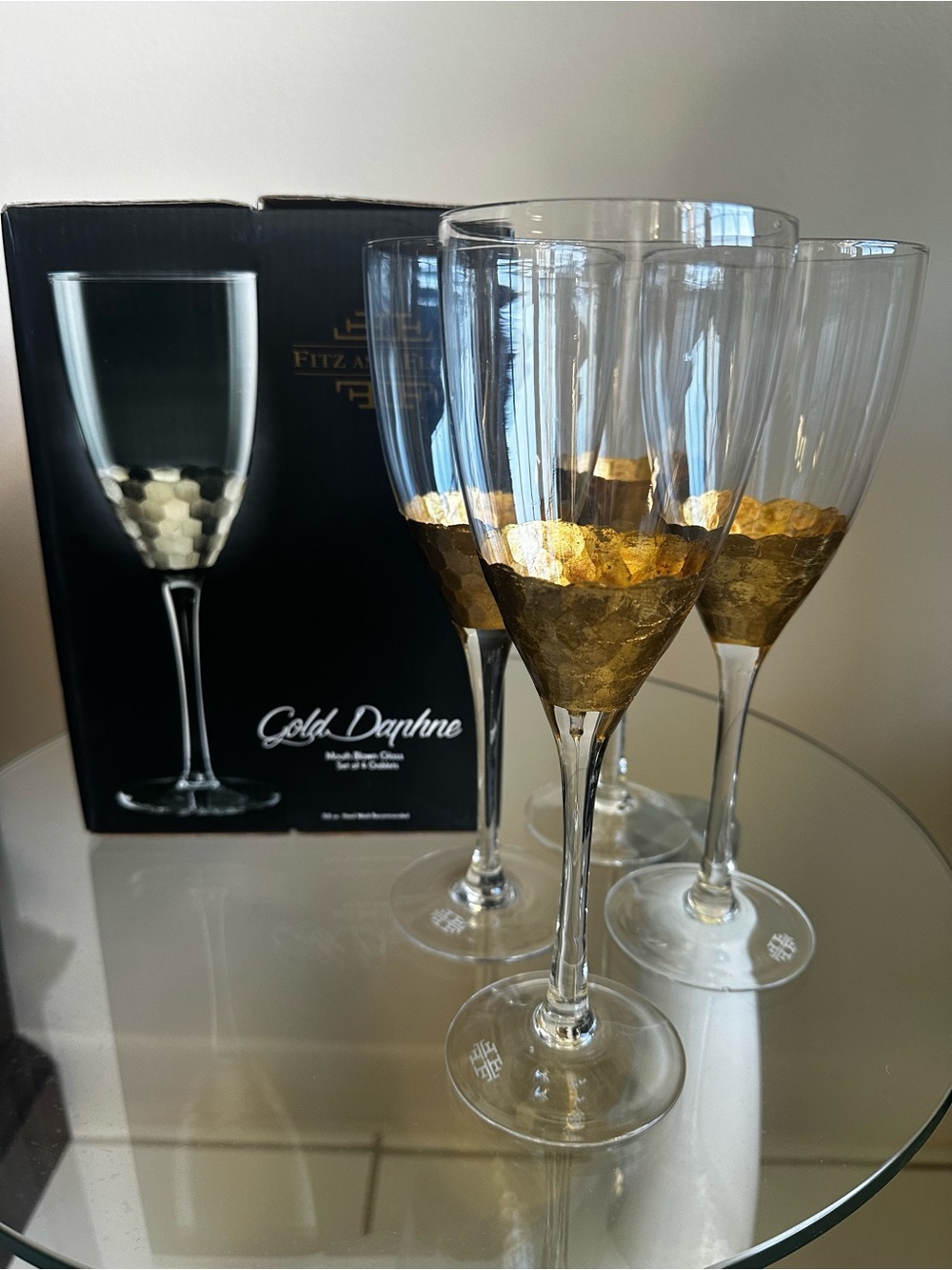 Fitz & Floyd Gold Daphne Goblets Set of 7 Mouth Blown Wine Glasses 11.8 oz + Box